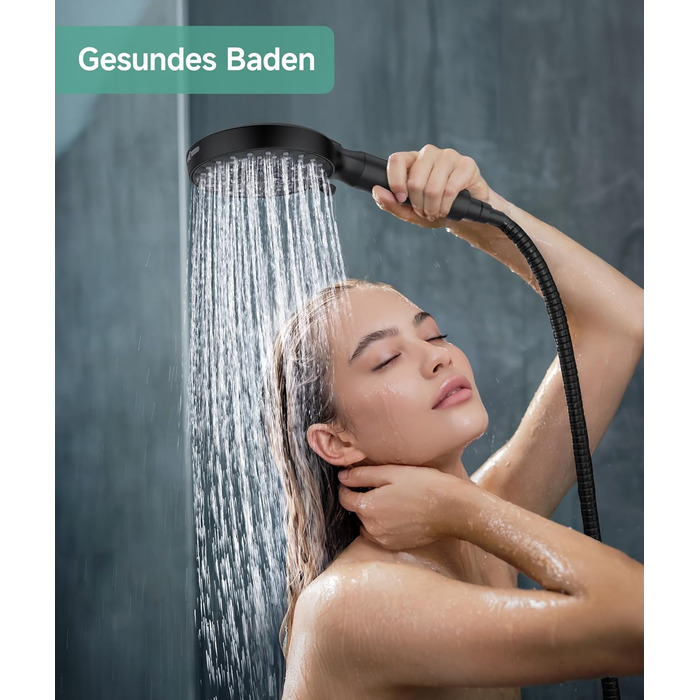 Душова лійка SR SUN RISE з фільтром, шланг та картриджі, 9 режимів, високий тиск, для жорсткої води, видаляє хлор, важкі метали, бактерії, чорний колір