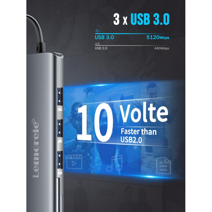 Lemorele Док-станція USB C/A 10Gbps, 3 монітори, 14 в 1: 2 HDMI (4K), Ethernet, 4 USB 3.2/2.0, VGA, Type-C 3.1, PD 100W, Audio, SD/TF, для Windows, MacBook (Блакитна)