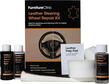 Leather Steering Wheel Repair Kit (black) – removes grease deposits, repairs damage, and restores the color on any worn leather steering wheel.