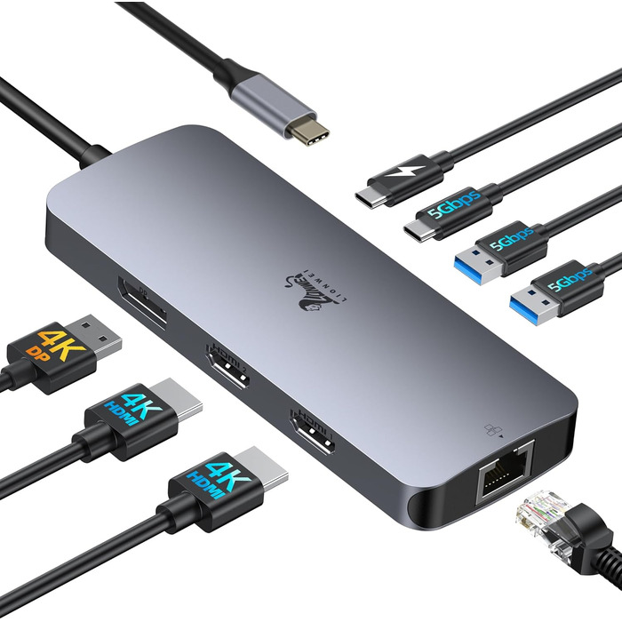 Док-станція USB-C для ноутбука з підтримкою 2 моніторів, 8 в 1: HDMI, DisplayPort, Ethernet, PD 100W, USB 3.0, сумісна з Dell, HP