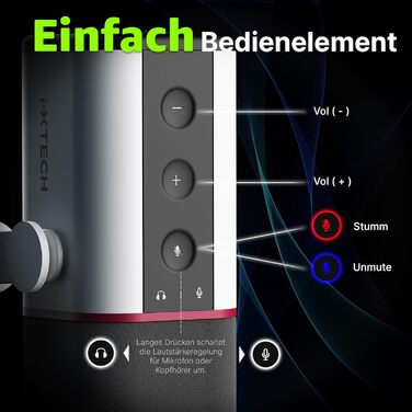 IXTECH Мікрофон з нирковою характеристикою RGB, USB/XLR, для студії, подкастів, стрімінгу, геймінгу та запису голосу, білий