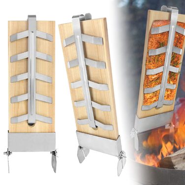 Набір дощок для запікання лосося NAIZY з кедра з тримачем із нержавіючої сталі, 5 рівнів регулювання, для вогнища та гриля, 2 шт.