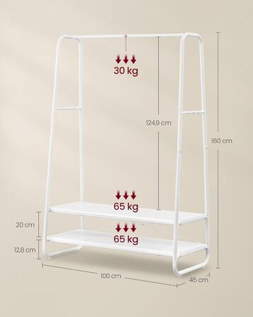 VASAGLE Clothes Rack, Coat Stand, Wardrobe, 2 Shelves, 6 S-Shaped Hooks, Steel Frame, for Bedroom, Hallway, Entrance Area, Cloud White-Matt White RGR112W02