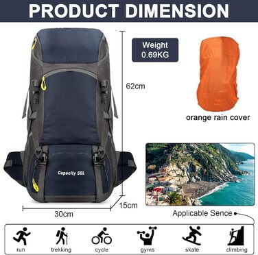 Jianyana Wanderrucksack 50L Trekking Backpack Rain Cover Travel Backpack Waterproof Camping Backpack for Hiking Camping Mountaineering Travel Sports Men Women (Blue)