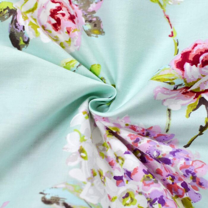 FADFAY Pillow Covers in Farmhouse Style, Roses and Hydrangeas Blue-Green, Striped, Elegant Country Style, 100% Cotton, Vintage Style, Lace, Ruffles, Bedding, Pillowcases, exquisite