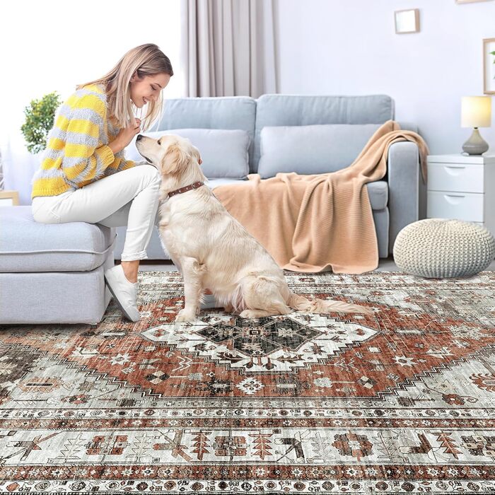 OMERAI Rug - Living Room Rug 200X290CM, Bedroom Rug Orange Oriental Style Soft, Short Pile Carpet - Washable in Washing Machine Rugs Orange 200 x 290 cm