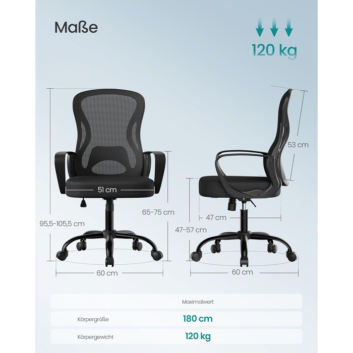 Офісне крісло SONGMICS OBN041B01, ергономічне, сітчасте, з регульованою підпоркою для спини та підголівником, для дому та офісу (Чорний)