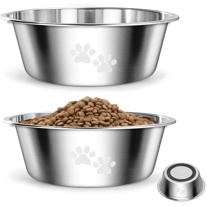 PETTOM Миски для собак з нержавіючої сталі, 2 шт. (3120 мл), миска для корму для собак великих, середніх та маленьких порід, миска для води з неслизьким силіконовим дном, розмір M - 21 см, срібний колір