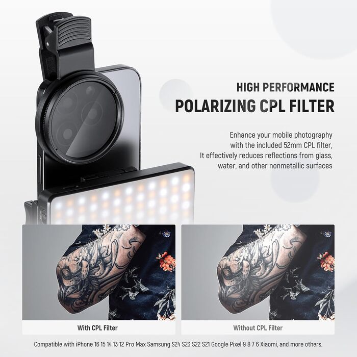 NEEWER BL120B Набір світла для селфі та татуювань LED, сумісний з iPhone, кліп-он CPL фільтр, штатив, тримач для телефону, заповнююче світло, видаляє відблиски для фотографії, відео, їжі, ювелірних виробів