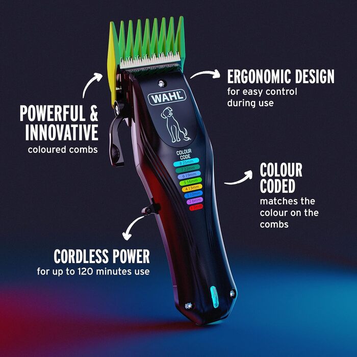 Машинка для стрижки собак WAHL Color Pro: бездротова, акумуляторна, з кодованими гребінцями, тиха, чорна