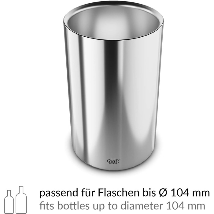 alfi SECCO, stainless steel bottle cooler for 0.70 to 1l bottles, wine, sparkling wine. Keeps drinks cool without condensation or ice cubes, ensuring chilled drinks to the very last drop. Dishwasher-safe, BPA-free (Polished stainless steel, cylindrical)