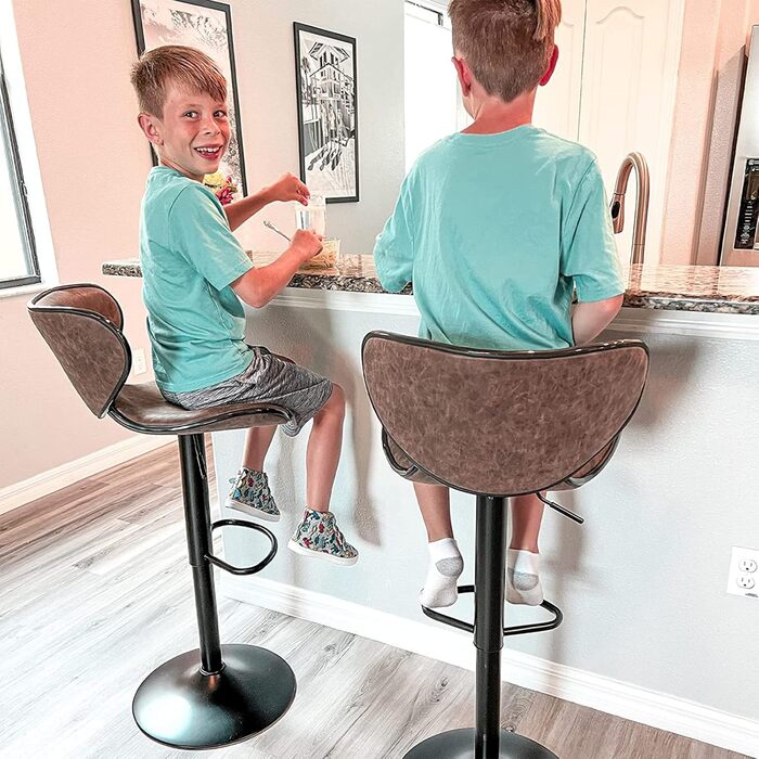 Alpha Adjustable Height Bar Stools 2-Pack - Swivel PU Leather Kitchen Bar Chairs with Footrest - 160KG Capacity (Brown)