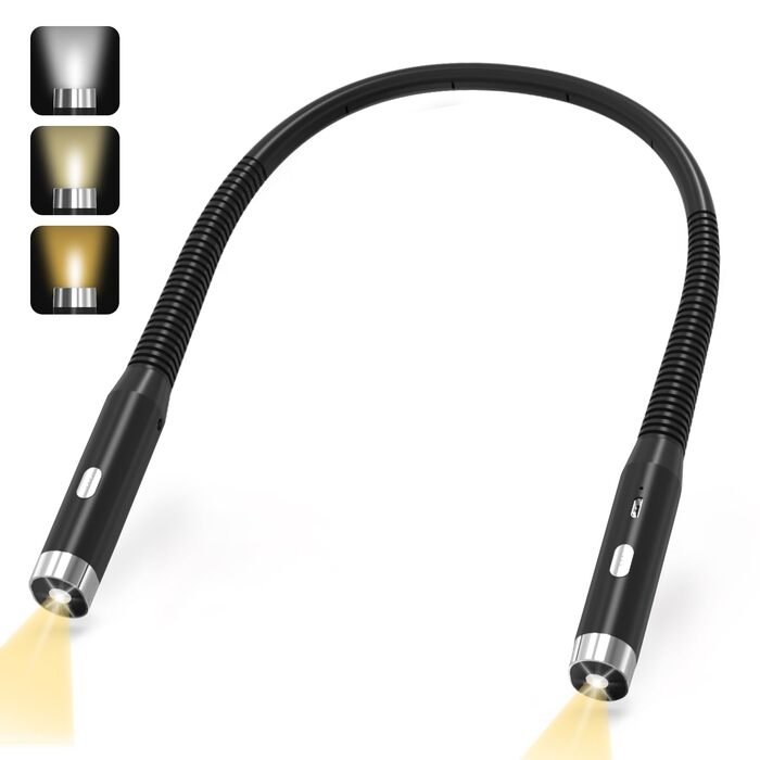Ліхтарик на шию LED для читання, гнучкий, з USB зарядкою, 3 кольори світла, захист очей для дорослих та дітей, чорний