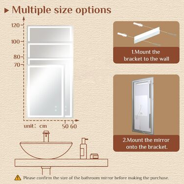 Дзеркало для ванної кімнати Clevich з підсвічуванням 70x50 см, LED, 3 кольори світла, регулювання яскравості, захист від вибуху, сенсорне керування, пам'ять, антизапар, для ванної кімнати