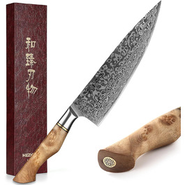 HEZHEN Професійний ніж кухарський 21 см Дамаск, VG10, серія Gyuto Master, кухонний ніж з ручкою з берези для дому та ресторану