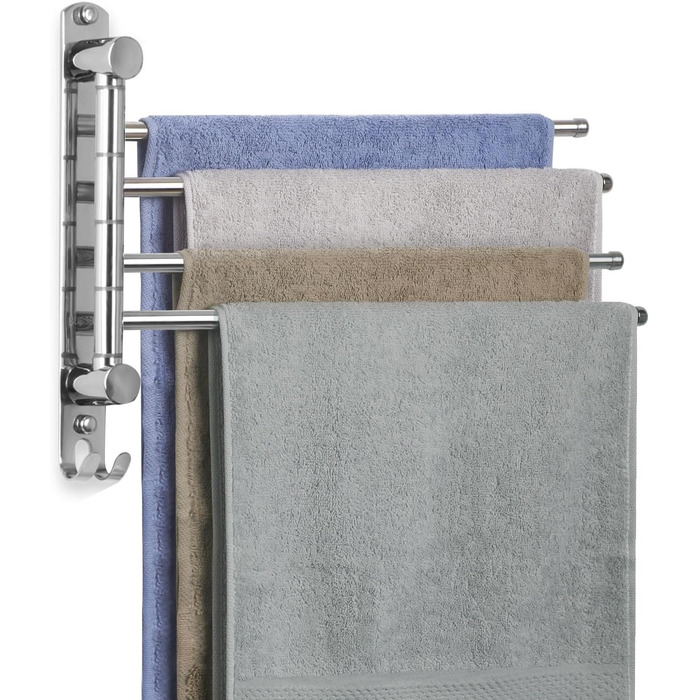 Підставка для рушників настінна поворотна 180° з нержавіючої сталі, 4-х віяльна, для ванної, кухні та гардеробу, срібляста