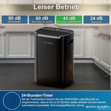 Зволожувач повітря Erikssøn з LED-дисплеєм, таймером та захистом для дітей | видаляє 20 л вологи на добу | для приміщень до 175 м³ | енергоефективний, з датчиком вологості, чорний