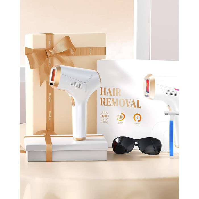 Пристрій для епіляції IPL Haarlosy - безболісна епіляція лазером для жінок та чоловіків. Швидка та ефективна епіляція вдома. 9 рівнів потужності, захист шкіри, для обличчя, тіла та зони бікіні. Білий колір.
