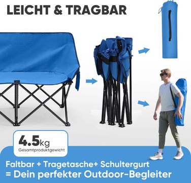 Складане крісло-диван для кемпінгу на 2 особи - переносна модель з підлокітниками та сумкою, блакитний, 110 см. Ідеально для пікніків, кемпінгу, саду, балкону, риболовлі та відпочинку на природі.