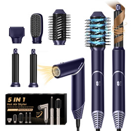 UKLISS 5-в-1 Фен-Стайлер для Волося з Набором Локонів, Гаряча Повітряна Щітка, Мультистайлер, Чорний (5-в-1: Синій/Срібний)