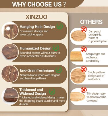 XINZUO 33 * 22 * 1.9cm Acacia Wood Brainwood Cutting Board, Double-Sided, Wooden Board Kitchen Chopping Boards, Serving Board, Bread & Snack Board, Breakfast Board for Bread, Cheese, Meat, Vegetables