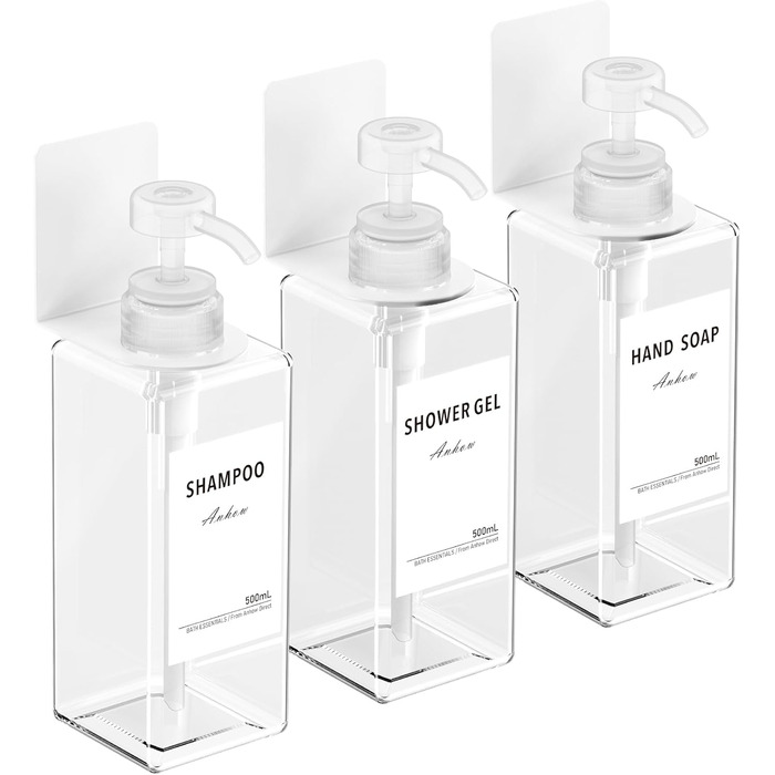 Дозатор мила Anhow 3er PETG для стін, набір з 3 шт. Без свердління, прозорий, 500 мл, з 16 водонепроникними етикетками для кухні/ванної кімнати
