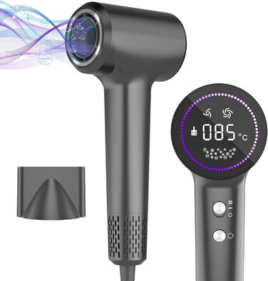 Фен для волосся з плазмою та безщітковим мотором 110 000 об/хв – швидке сушіння, тиха робота, з магнітною насадкою, для дому та подорожей (темно-сірий)