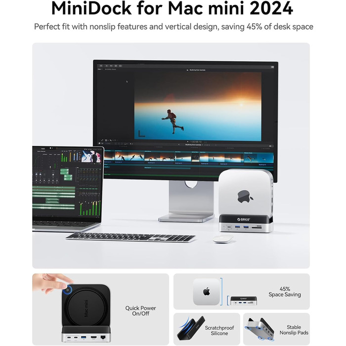ORICO MiniDock VS10: Док-станція та підставка для Mac mini M4/M4 Pro з корпусом для NVMe SSD, хаб USB-C з 4K HDMI, DisplayPort, SD/TF 3.0, USB-C/A 10Gbps, PD 100W, 10-в-1, DIY