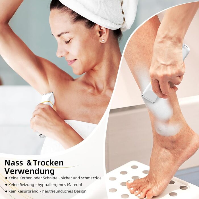 Електричний жіночий епілятор 2-в-1 для обличчя та тіла, з 2 насадками та гребінцем, водонепроникний (IPX7), білий