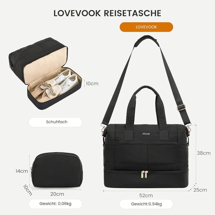 Сумка-мішок LOVEVOOK для подорожей, клініки, пологового будинку, ручної поклажі, 52x38x25 см, 50 л, з відділенням для взуття та косметичкою, бежевий