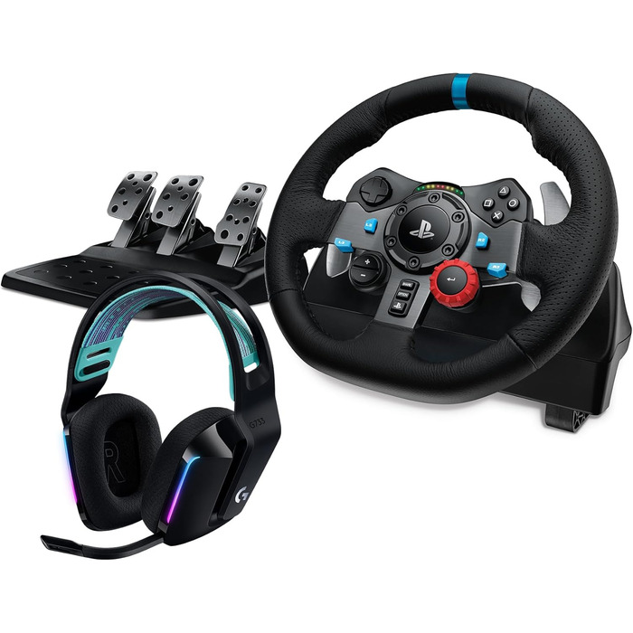 Руль Logitech G29 Driving Force з Force Feedback, 900°, педалі з нержавіючої сталі, сумісний з PS5, PS4, Mac + Бездротові навушники для ігор LIGHTSPEED