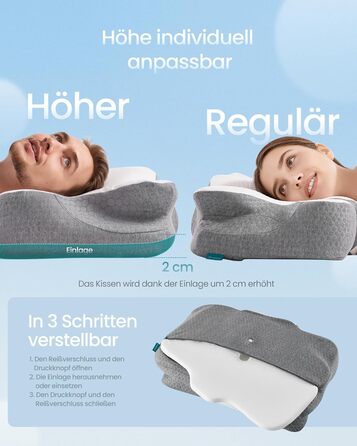 Подушка SONGMICS ергономічна з Memory Foam, висота регулюється, для сну на боці, спині та животі, колір: білий + сірий, поліестер