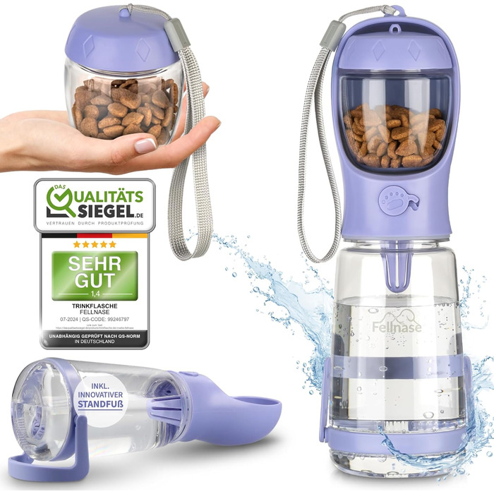 Турботрінка для собак Fellnase - 550 мл, з підставкою та годівницею, проти проливання, для собак та котів, з клапаном зворотного ходу води, колір лавандовий