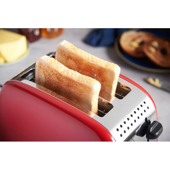 Russell Hobbs Toaster [for 2 slices] Colours Plus Stainless Steel Red (extra wide slots, includes bagel attachment, 6 browning levels + defrost function, Lift & Look function, 1600W) 26554-56 Toaster Compact NEW