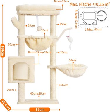 Котячий будиночок Heybly Kratzbaum: 100 см, з платформою, печерею, 2 гамаками та іграшками. Активний котячий будиночок, HCT006SG (Бежевий)