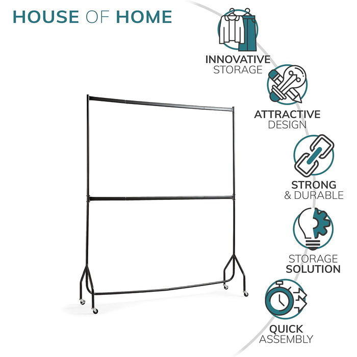 Direct Online Houseware House of Home Extra Robust Clothes Rack with 2 Levels, 2.14 m H x 1.83 m L, in Black – Clothes Rail for Bedroom, Double Clothes Rail, High-Quality Hanging Storage