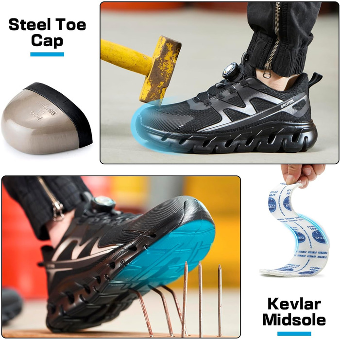 Черевики безпеки унісекс, легкі, спортивні, дихаючі, шнурки/крутильний замок, сталевий підносок, антиковзаючі, 43 EU, чорні