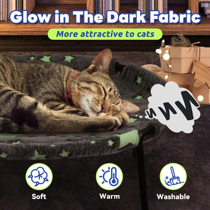 Cat Hammock Bed with Glowing Stars – Freestanding, Soft Cat Bed for Large Cats/Small Dogs, Breathable & Washable, Pet Bed for Indoor/Outdoor Use, Grey (L)