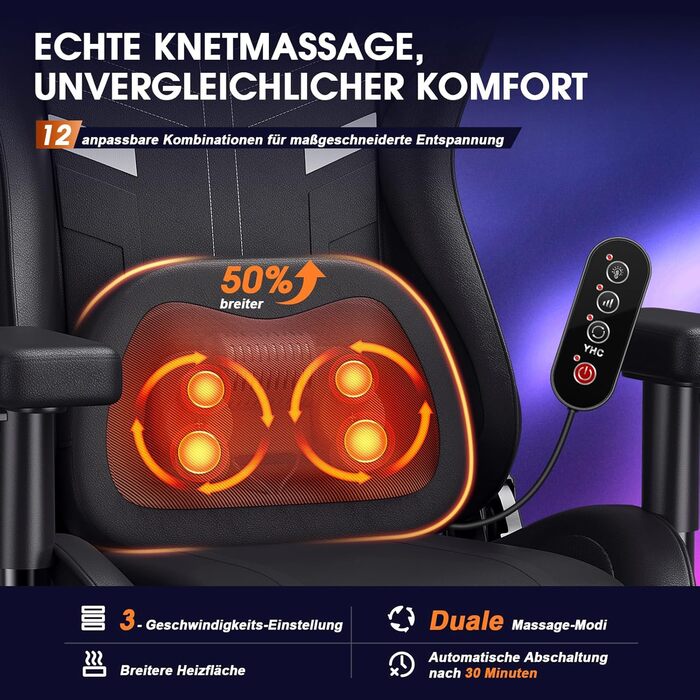 Ігровий крісло Douxlife з масажем та підігрівом, ергономічний офісний крісло з підніжкою, регулювання 90°-175°, підлокітники 2D, для геймерів, чорний, до 181 кг