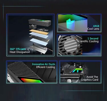 Радіатор охолодження M.2 NVMe SSD Baotkere з RGB підсвічуванням та вентилятором, чорний