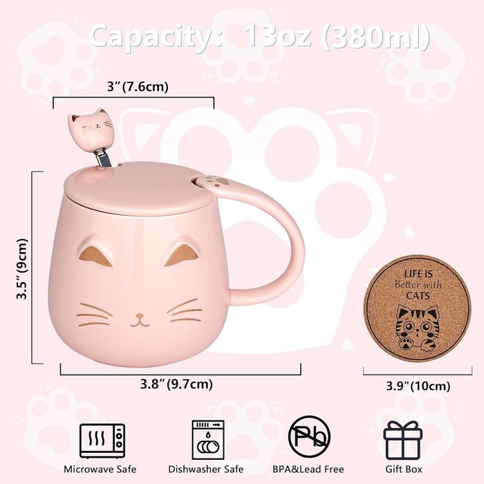 Set of 3 Cat Cups - Cute Ceramic Cat Cups with Lid, Spoon, and Coaster. Cat Coffee Mug for Women, Kids, 380ml. Christmas, Birthday Cat Gift Mug (Black, White, Pink)