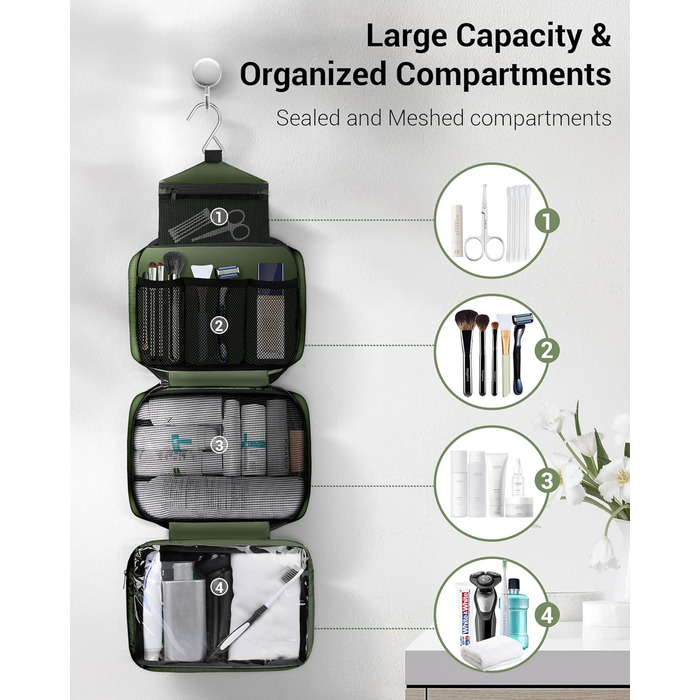 Сумка для туалетних речей Maliton: велика, водонепроникна, з 4 відділеннями | Косметичка для подорожей, спорту, плавання | Складана, компактна (Qlive-green)