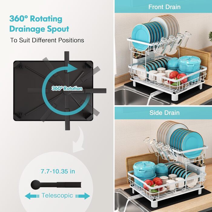 Сушарка для посуду MAJALiS 2-ярусна з піддоном та килимком, з тримачем для кухонного приладдя, чорна, нержавіюча сталь