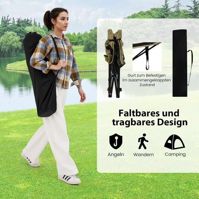 Крісло для кемпінгу та риболовлі Costway з підставкою для ніг, регульованою спинкою, підголівником, тримачем для напоїв та бічною кишенею, складане, хакі