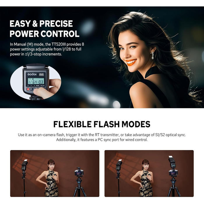 Спалах Godox TT520III для камери: потужність GN 33, RT-16 радіосинхронізатор, оптичний S1/S2, PC-порт для Canon/Sony/Fujifilm/Nikon/Panasonic/Olympus