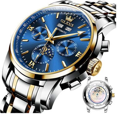 Набір механічних автоматичних годинників для пари OLEVS з календарем та фазами місяця, двоколірні (синій колір, Tourbillon)