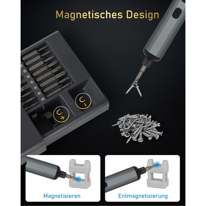 Електрична викрутка 70 в 1 з набором S2 біт, 4 LED, 200 RPM, для ремонту годинників, ПК, телефонів (срібно-чорний)