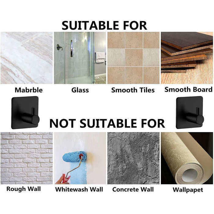 Набір гачків для рушників 6 шт. самоклеючі, з нержавіючої сталі, без свердління, для ванної, туалету, кухні, офісу (чорний)