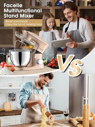 Facelle 2000W 8.5L Stand Mixer - Dough & Cake Mixer with Whisk, Dough Hook, Beater & Splash Guard for Baking, Cakes, Cookies, Kneading, 6+ Speed - Champagne Color
