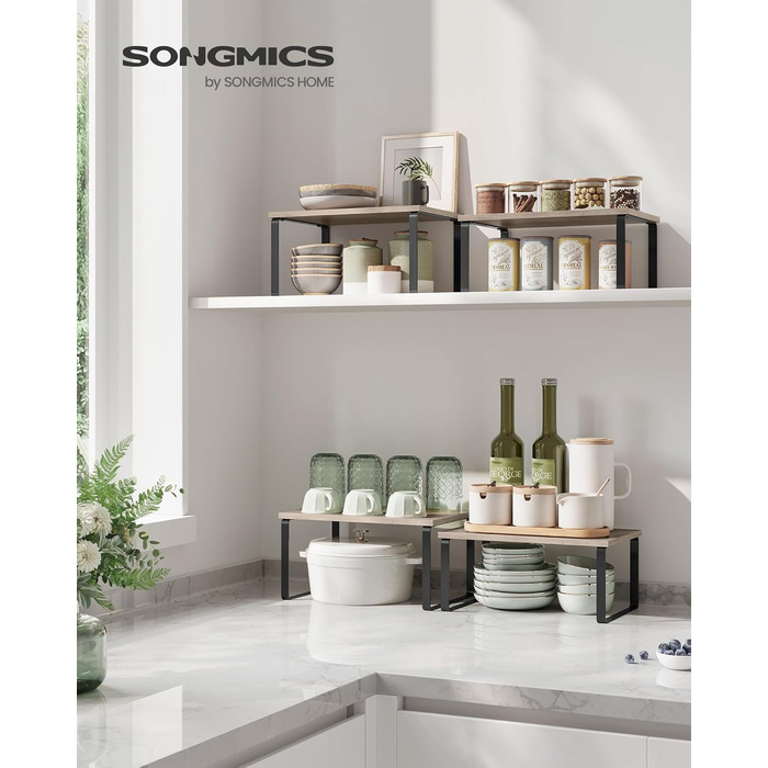 SONGMICS Spice Rack, 4-Piece Set, Kitchen Shelf, Kitchen Organizer, Expandable, Spice Holder, Stackable, with Metal Frame, 19.5 x 29.7 x 15.8 cm, Ink Black-Natural Beige KCS10NB (Ink Black + Greige Melange, 29.7B cm)